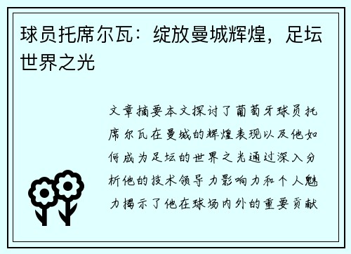 球员托席尔瓦：绽放曼城辉煌，足坛世界之光